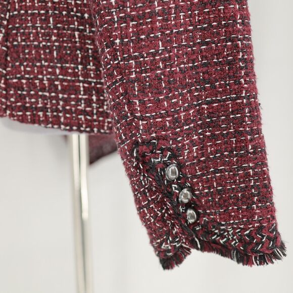 WHBM Jacket Womens 10 Burgundy Plaid Tweed Fringe Lined Blazer Peplum Open Front - Picture 6 of 15